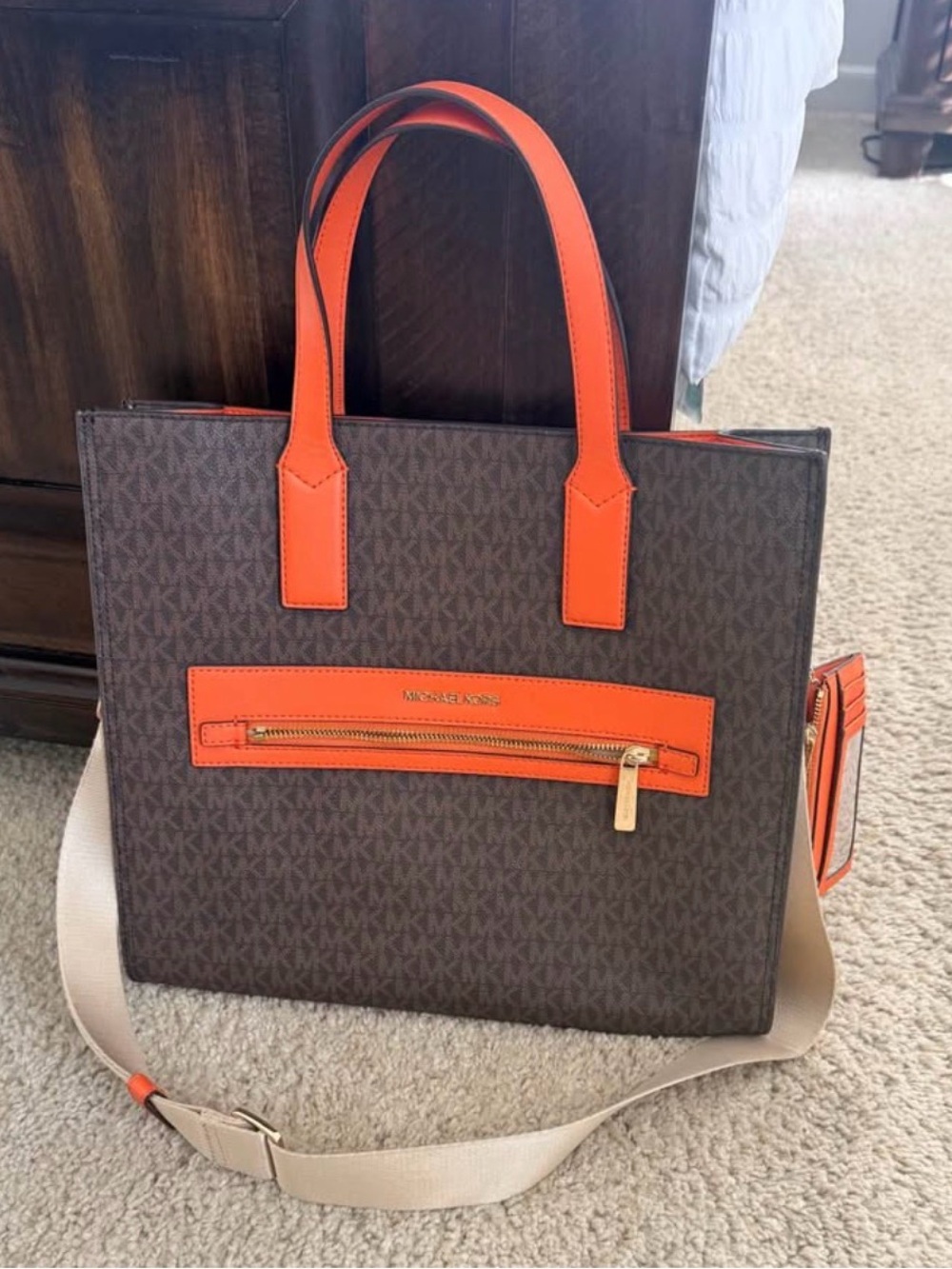 Michael Kors Brown Signature Tote with Orange Accents
